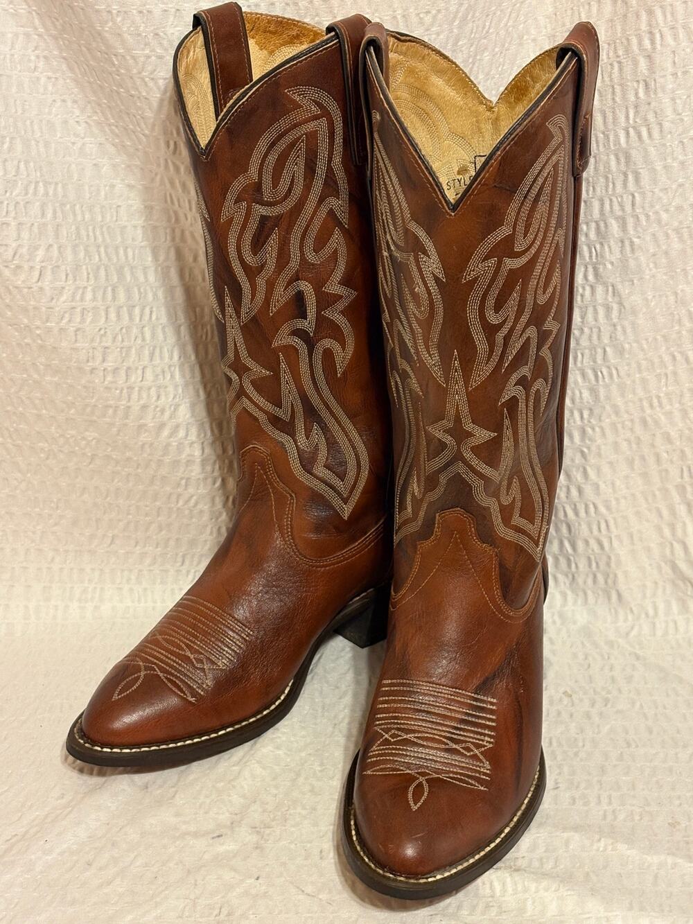 VTG Texas Brand USA Marbled Leather Embroidered Western Men’s 8.5EE Barely Worn